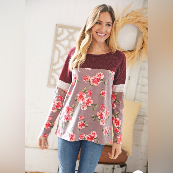 Burgundy Floral Color Block Top - Picture 7 of 7